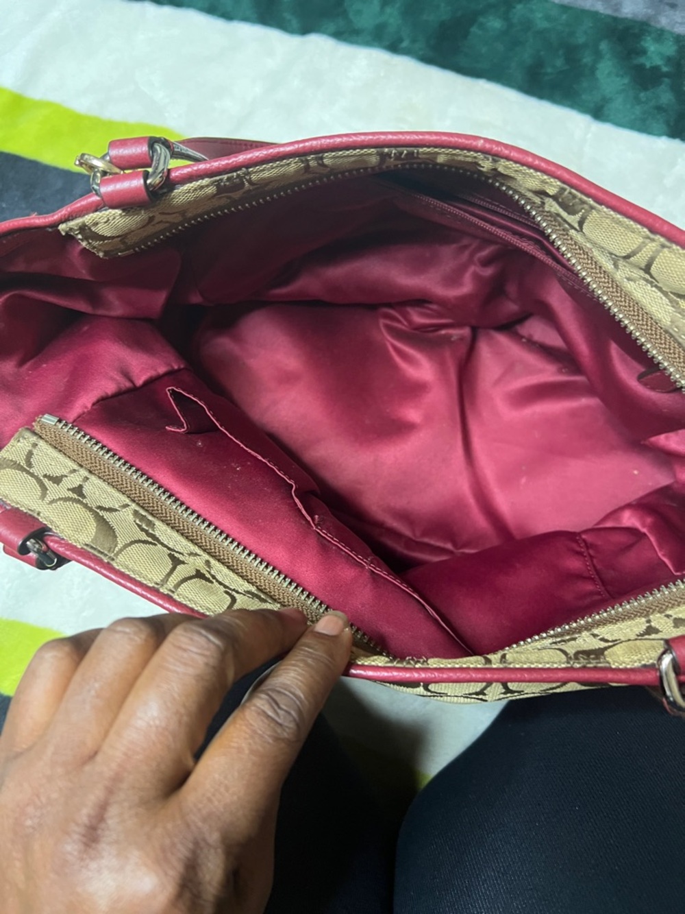Coach Tote Handbag Park Signiture Carrier J1321-F23297 Large Khaki Red Leather - Picture 17 of 17